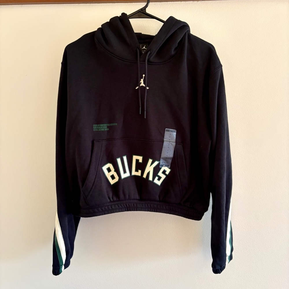 Nike Jordan Bucks Cropped Hoodie Womens Small NWT Black NBA Milwaukee Banded